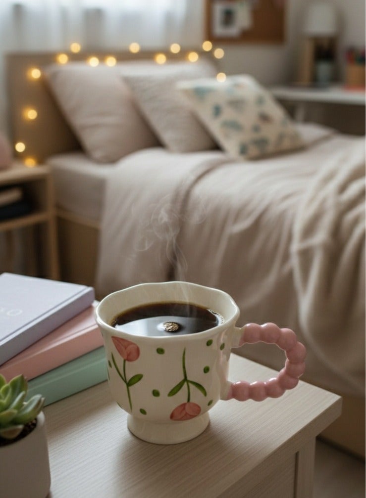 Elegant ceramic mug in a creamy color with pink floral patterns and green branches, 400 ml capacity, stable base, and a comfortable handle for everyday use. - Image 2